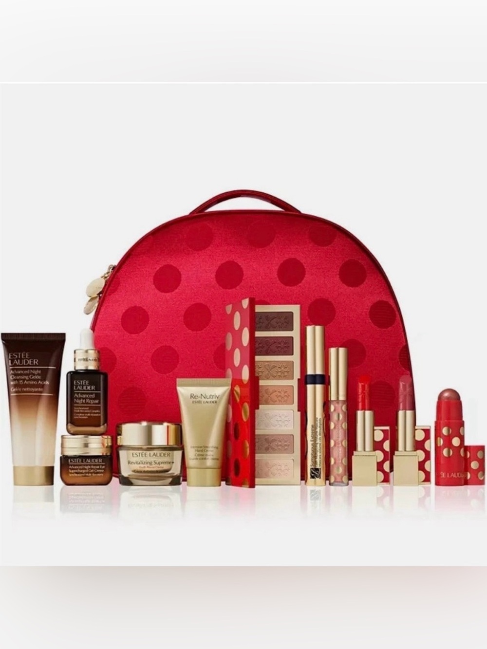 Estée Lauder Red Polka Dot Holiday Makeup Travel Train Case with Gold Accents